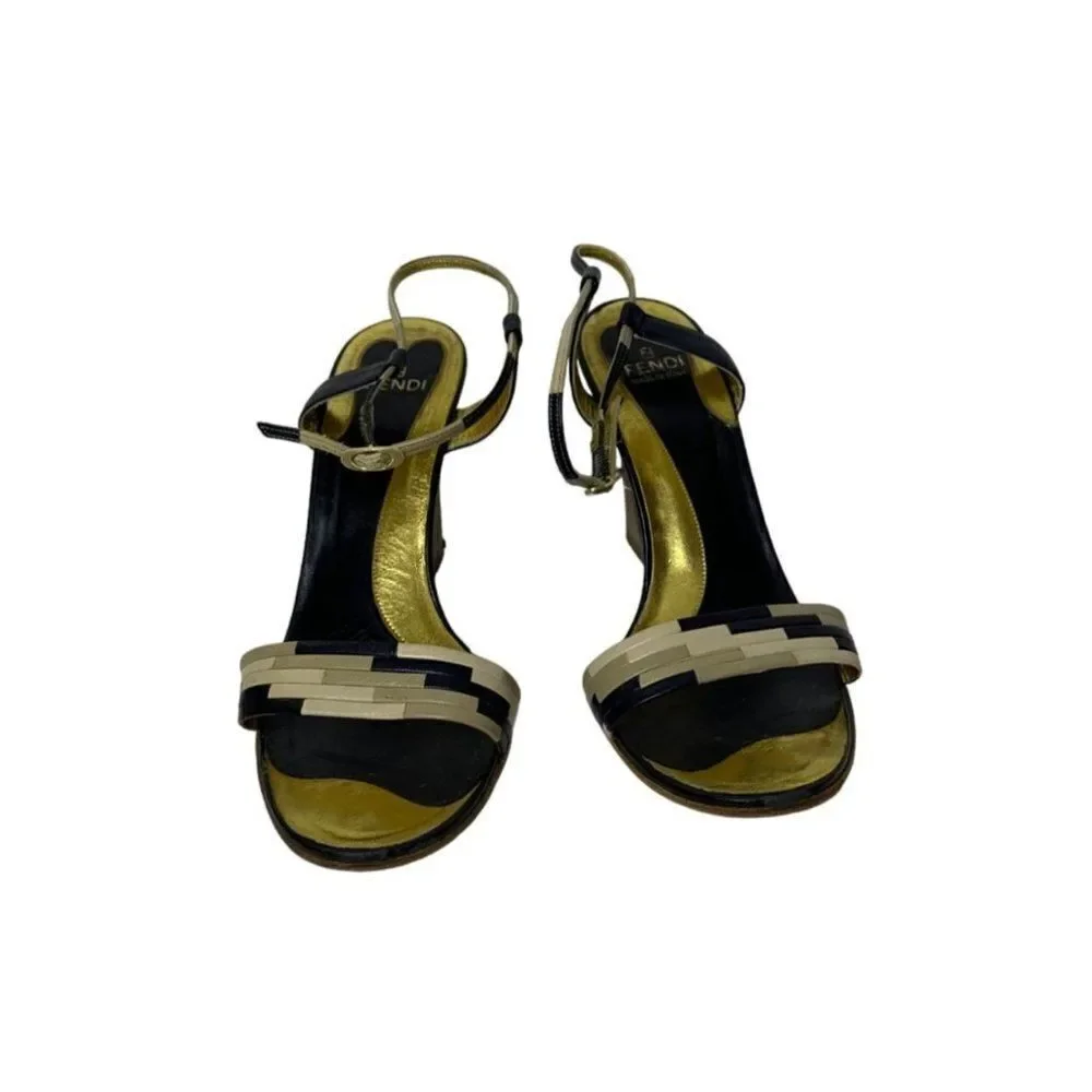 Fendi Leather Colorblock Pattern Wedge Heel Sandals Closure at Ankle - Picture 8 of 11